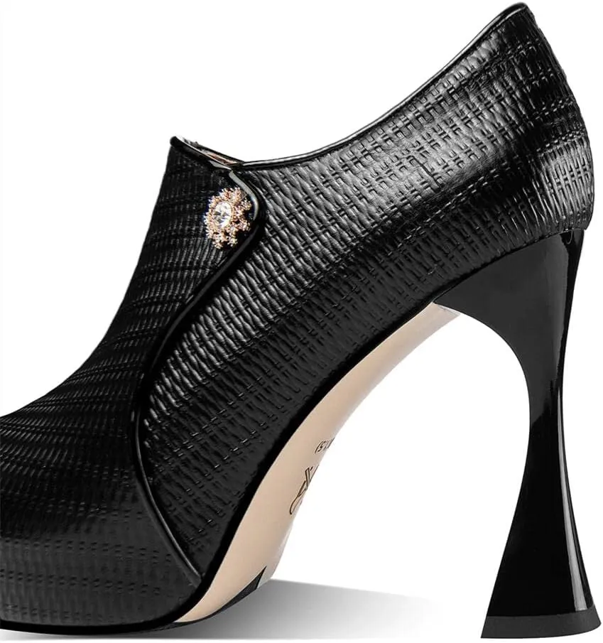 TinaCus Women's Genuine Leather Handmade Side Zip Up Plaid Pointed Toe High Stilleto Heel Platform Pumps Shoes