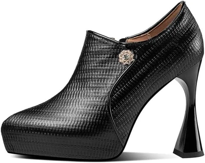 TinaCus Women's Genuine Leather Handmade Side Zip Up Plaid Pointed Toe High Stilleto Heel Platform Pumps Shoes