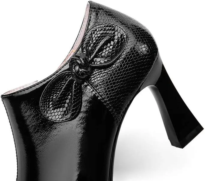 TinaCus Women's Patent Leather Handmade Pointed Toe Side Zip Elegant High Chunky Heel Pumps with Cute Bow