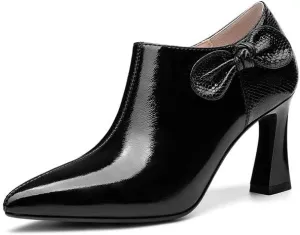TinaCus Women's Patent Leather Handmade Pointed Toe Side Zip Elegant High Chunky Heel Pumps with Cute Bow