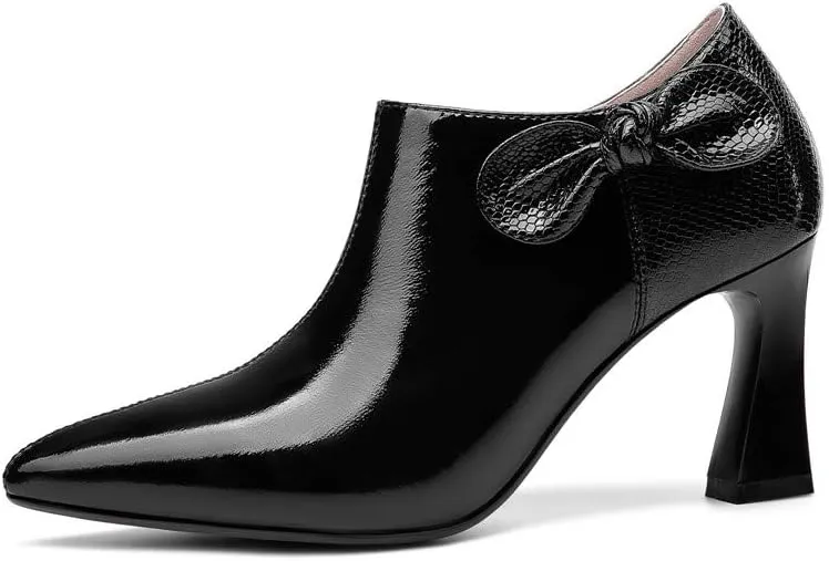 TinaCus Women's Patent Leather Handmade Pointed Toe Side Zip Elegant High Chunky Heel Pumps with Cute Bow