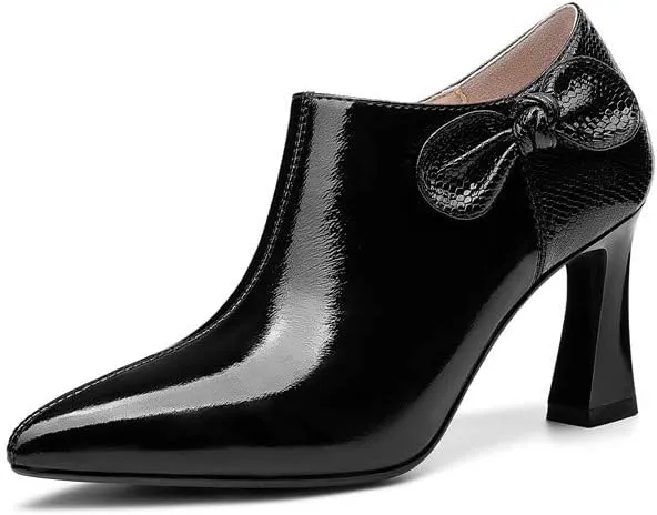 TinaCus Women's Patent Leather Handmade Pointed Toe Side Zip Elegant High Chunky Heel Pumps with Cute Bow