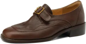 TinaCus Women's Soft Leather Round Toe Monk Strap Buckle Chunky Heel Handmade Loafers Shoes