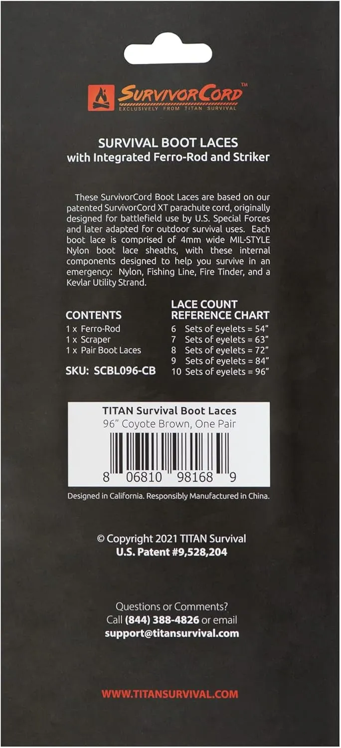 TITAN Survival Boot Laces Heavy Duty for Outdoor & Tactical Use - Patented SurvivorCord XT Paracord Shoe Laces