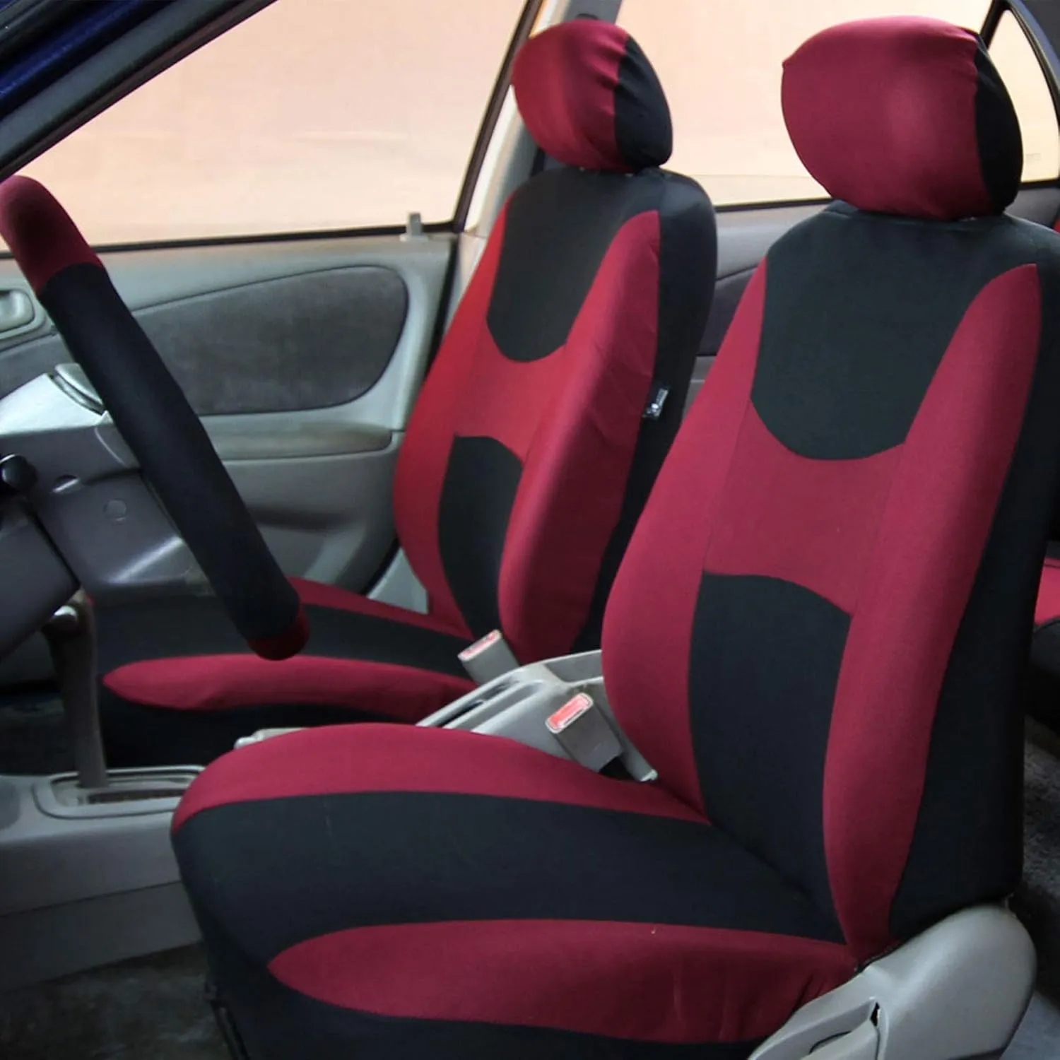 TLH Light & Breezy Flat Cloth Seat Covers Front, Airbag Compatible-Universal Fit for Cars, Auto, Trucks, SUV (Burgundy)