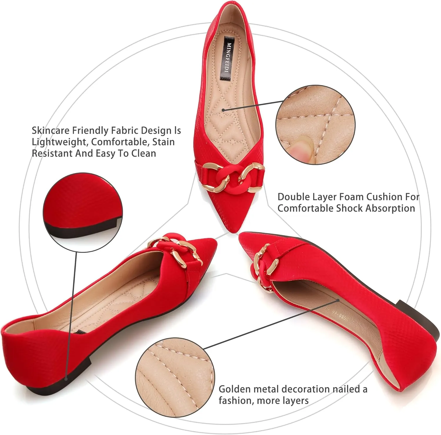 TLJIANG Women's Pointed Flat Shoes Cute Chain Comfortable Leather Flat Shoes Ballet