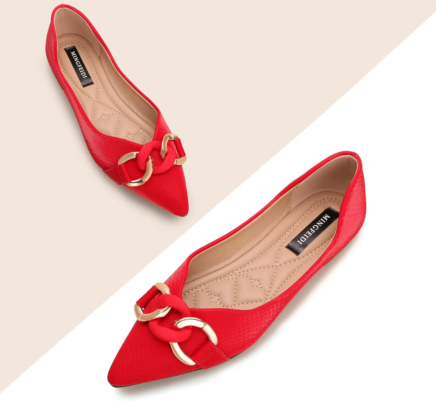 TLJIANG Women's Pointed Flat Shoes Cute Chain Comfortable Leather Flat Shoes Ballet
