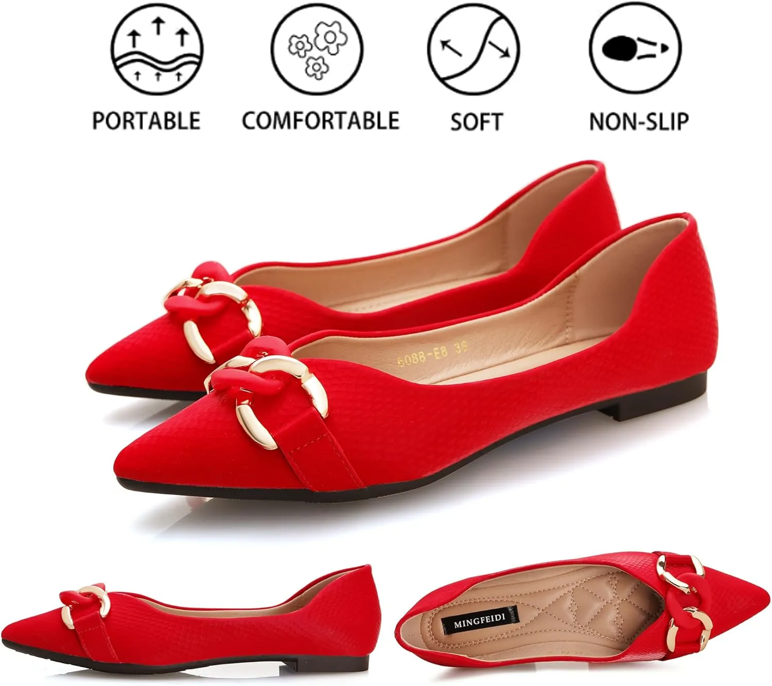 TLJIANG Women's Pointed Flat Shoes Cute Chain Comfortable Leather Flat Shoes Ballet
