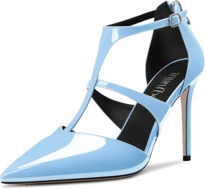 TNYNFBEB Women Stiletto High Heel Close Pointed Toe Pumps T-Strap Zipper Party Office Basic Classic 3.9 Inches Heels