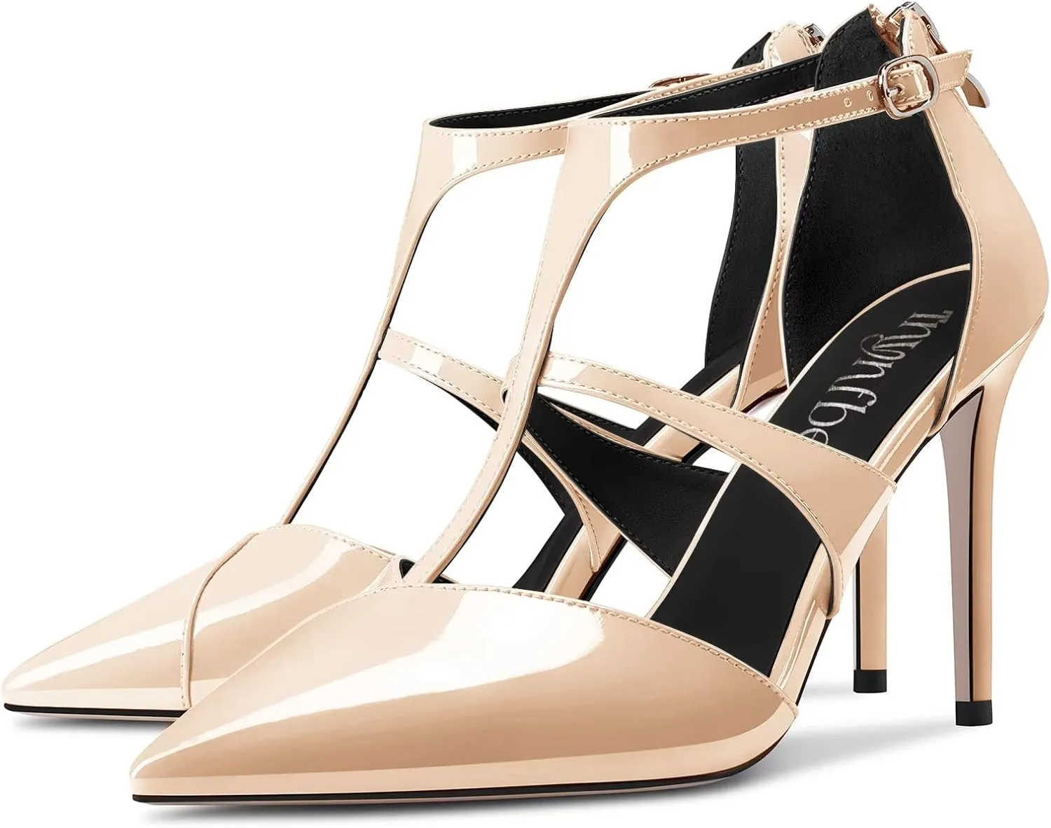 TNYNFBEB Women Stiletto High Heel Close Pointed Toe Pumps T-Strap Zipper Party Office Basic Classic 3.9 Inches Heels