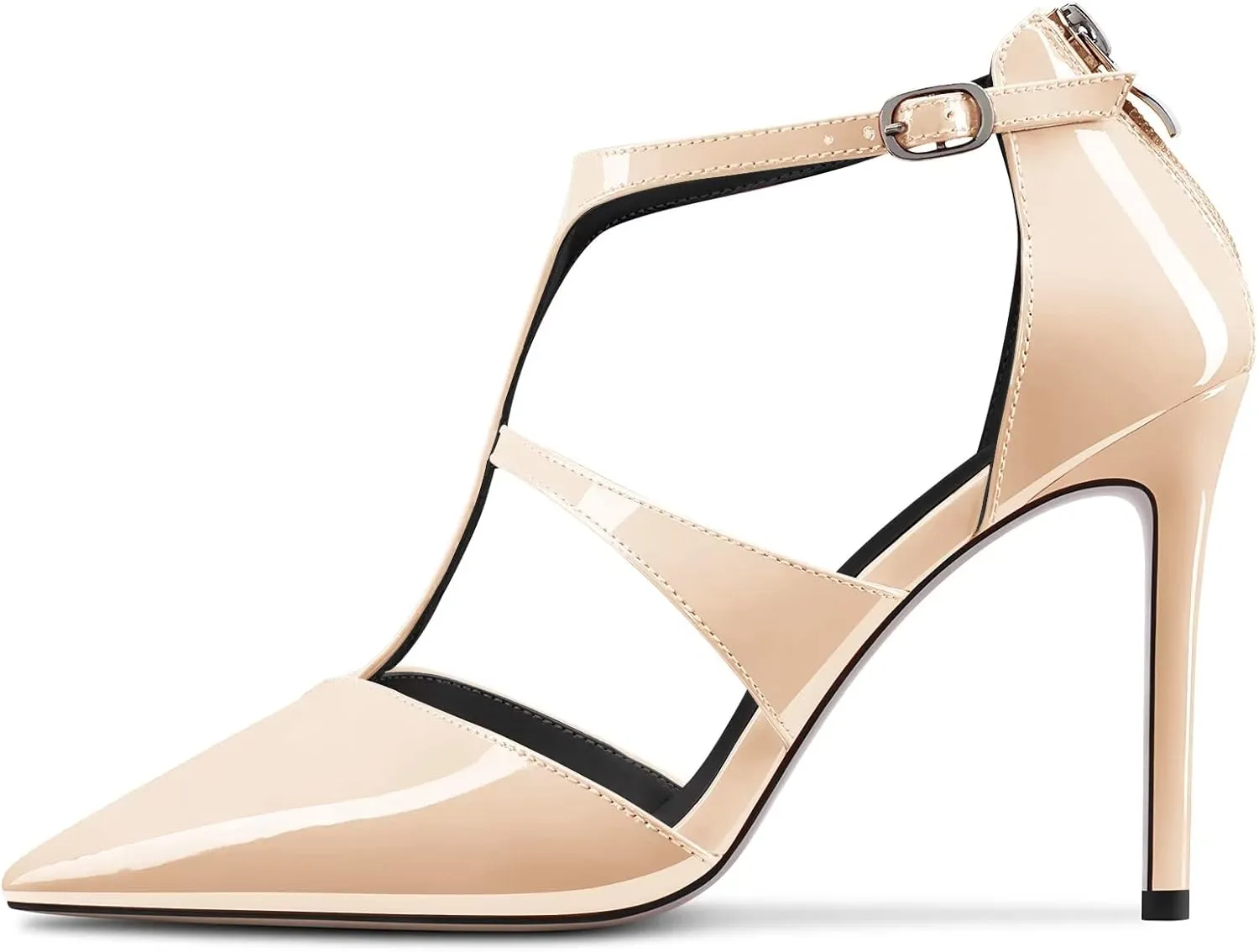 TNYNFBEB Women Stiletto High Heel Close Pointed Toe Pumps T-Strap Zipper Party Office Basic Classic 3.9 Inches Heels
