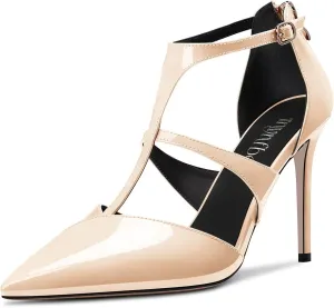 TNYNFBEB Women Stiletto High Heel Close Pointed Toe Pumps T-Strap Zipper Party Office Basic Classic 3.9 Inches Heels
