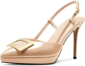 TNYNFBEB Womens Stiletto High Platform Heel Pointed Toe Pumps Slingback Slip-on Buckle Party Basic Classic 3.9 Inches Heels