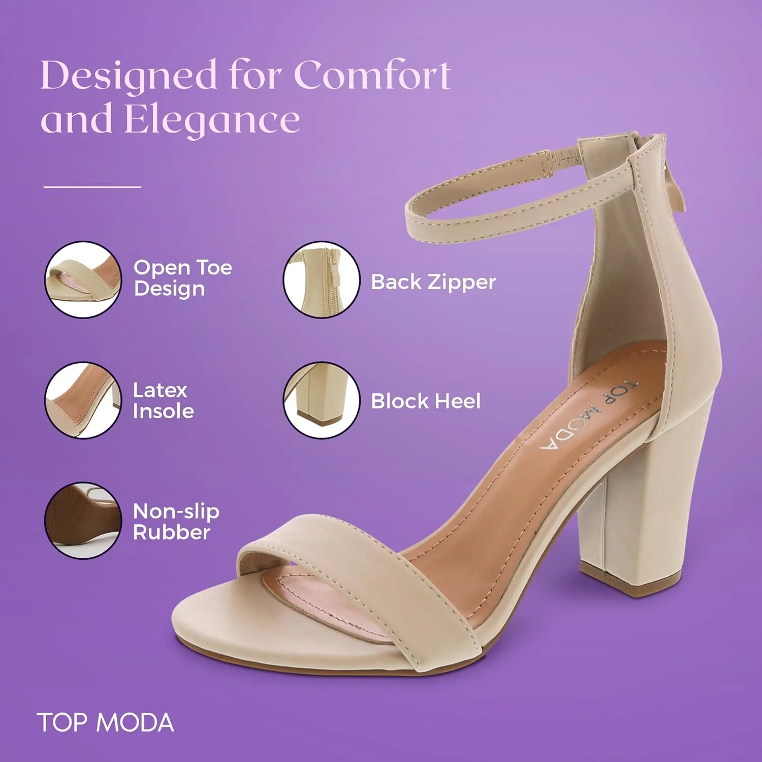TOP MODA Hannah-1 Ankle Strap Dressy High Heel Sandal, Non-slip Sole, For Wedding, Party, Prom, Evening Wear, or Any Occasion, Sleek Style Block Heel Sandals