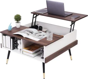 TOPSKY Lift Top Square Coffee Table 2 in 1 Tabletop Design with Storage Shelves (Light Walnut)