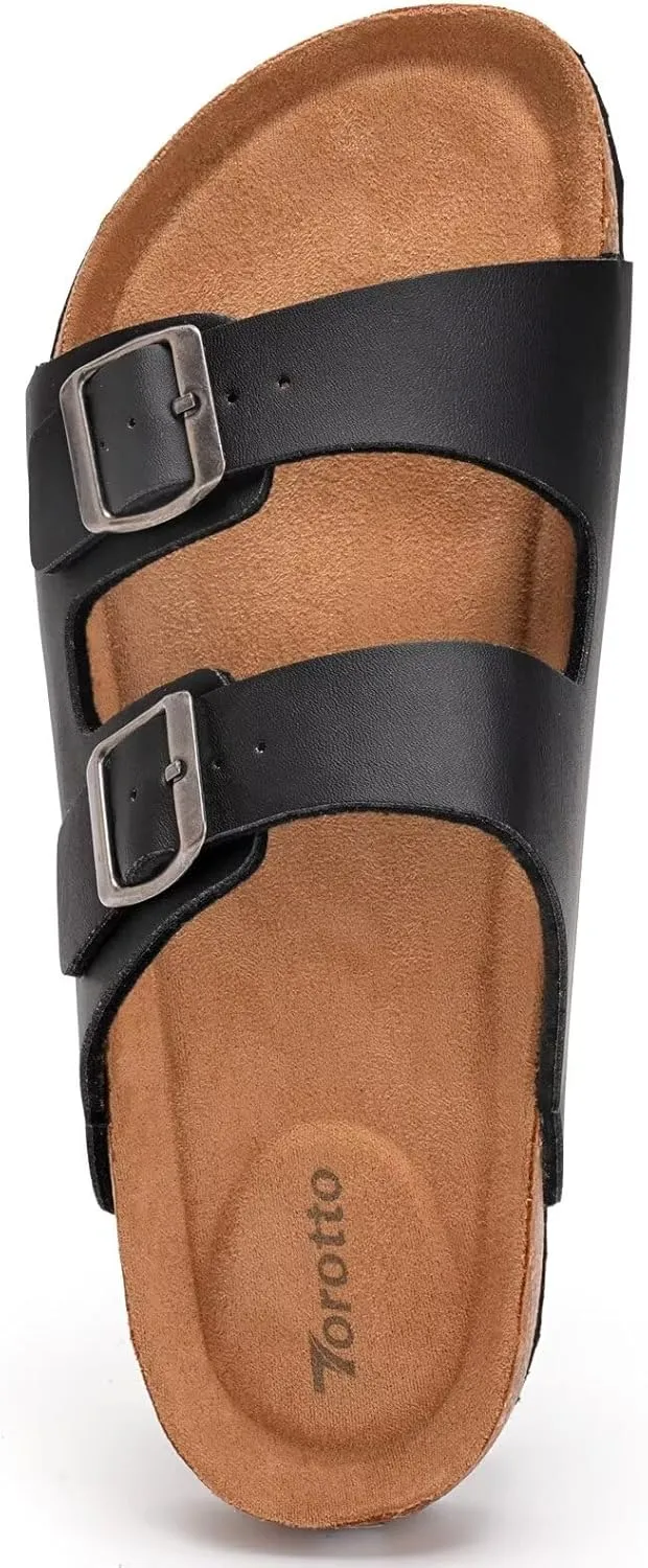 Torotto Mens Slides with Cork Footbed Open Toe Adjustable Webbing Flat Sandals for Walking | Beach | Indoor