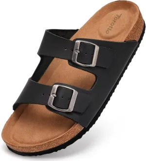 Torotto Mens Slides with Cork Footbed Open Toe Adjustable Webbing Flat Sandals for Walking | Beach | Indoor