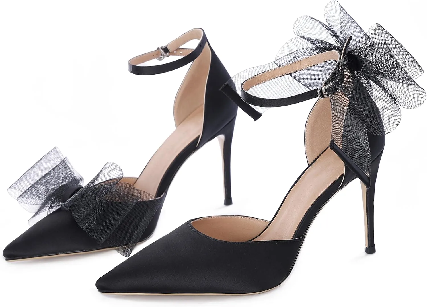 Touslecos Satin Closed Toe Heels for Women Satin Pumps with Bow Pointed Toe Ankle Strap Dress Wedding Satin Heels