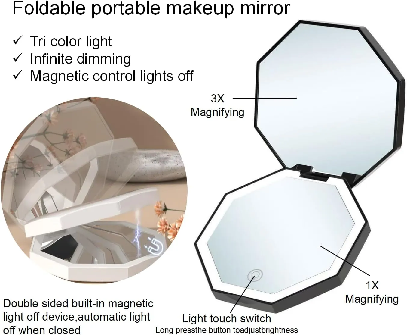 Travel Mirror with Light,Rechargeable 1x/3x Compact Magnifying Mirror, Handheld LED Makeup Mirror,3 Light Settings,Dimmable Pocket Mirror,Portable for Handbag,Pocket,Purse (Black)