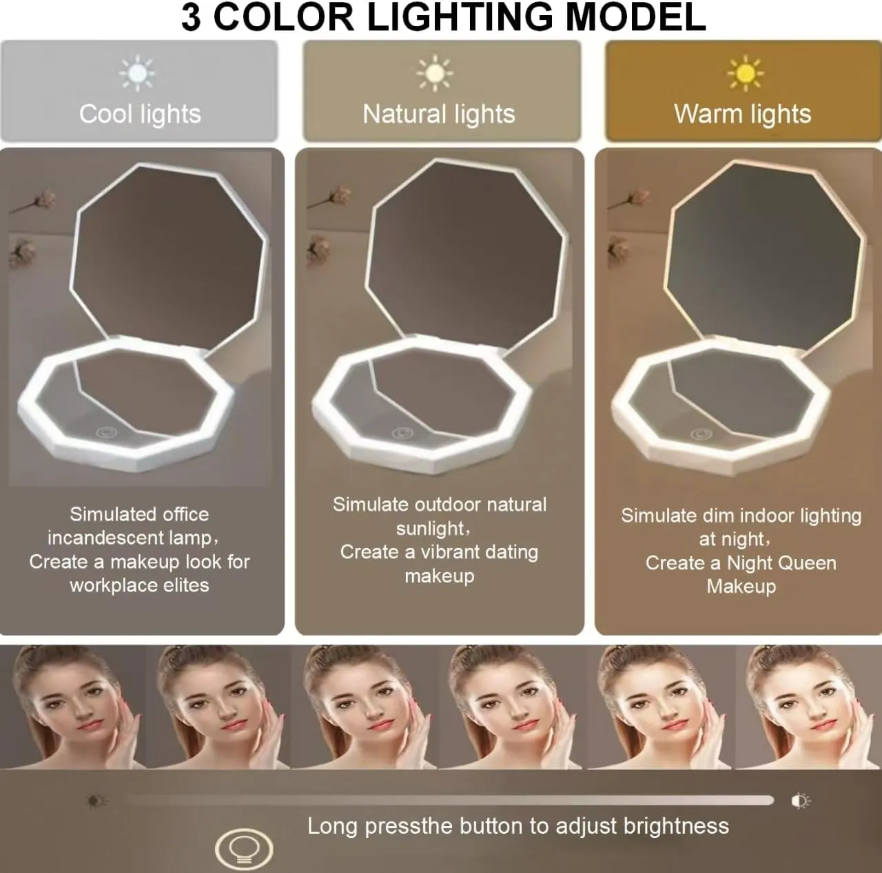 Travel Mirror with Light,Rechargeable 1x/3x Compact Magnifying Mirror, Handheld LED Makeup Mirror,3 Light Settings,Dimmable Pocket Mirror,Portable for Handbag,Pocket,Purse (Black)