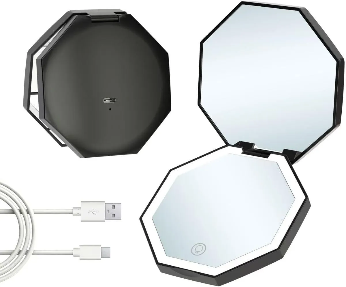 Travel Mirror with Light,Rechargeable 1x/3x Compact Magnifying Mirror, Handheld LED Makeup Mirror,3 Light Settings,Dimmable Pocket Mirror,Portable for Handbag,Pocket,Purse (Black)
