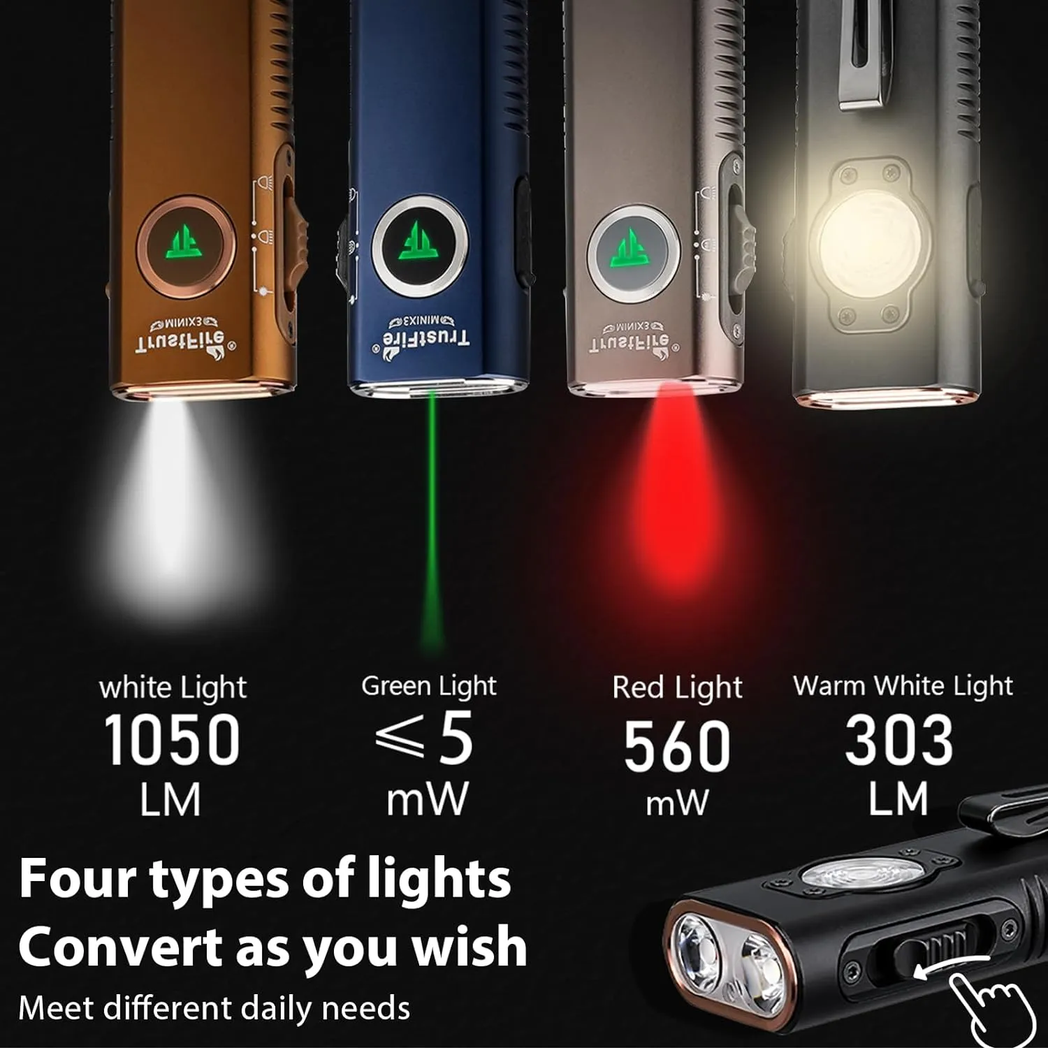 TrustFire Mini X3 Rechargeable EDC Flashlight with White Light, Flood Light, Red Light, Green Beam, 1050 Lumens Portable Flat Flashlights, Fourfold Light Sources Pocket Lights IPX6 (Black)