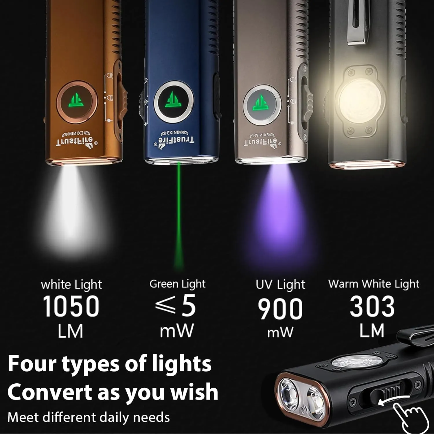TrustFire Mini X3 Rechargeable EDC Flashlight with White Light, Flood Light, UV and Green Beam, 1050 Lumens Portable Flat Flashlights, Fourfold Light Sources Pocket Lights for Emergency (Black)