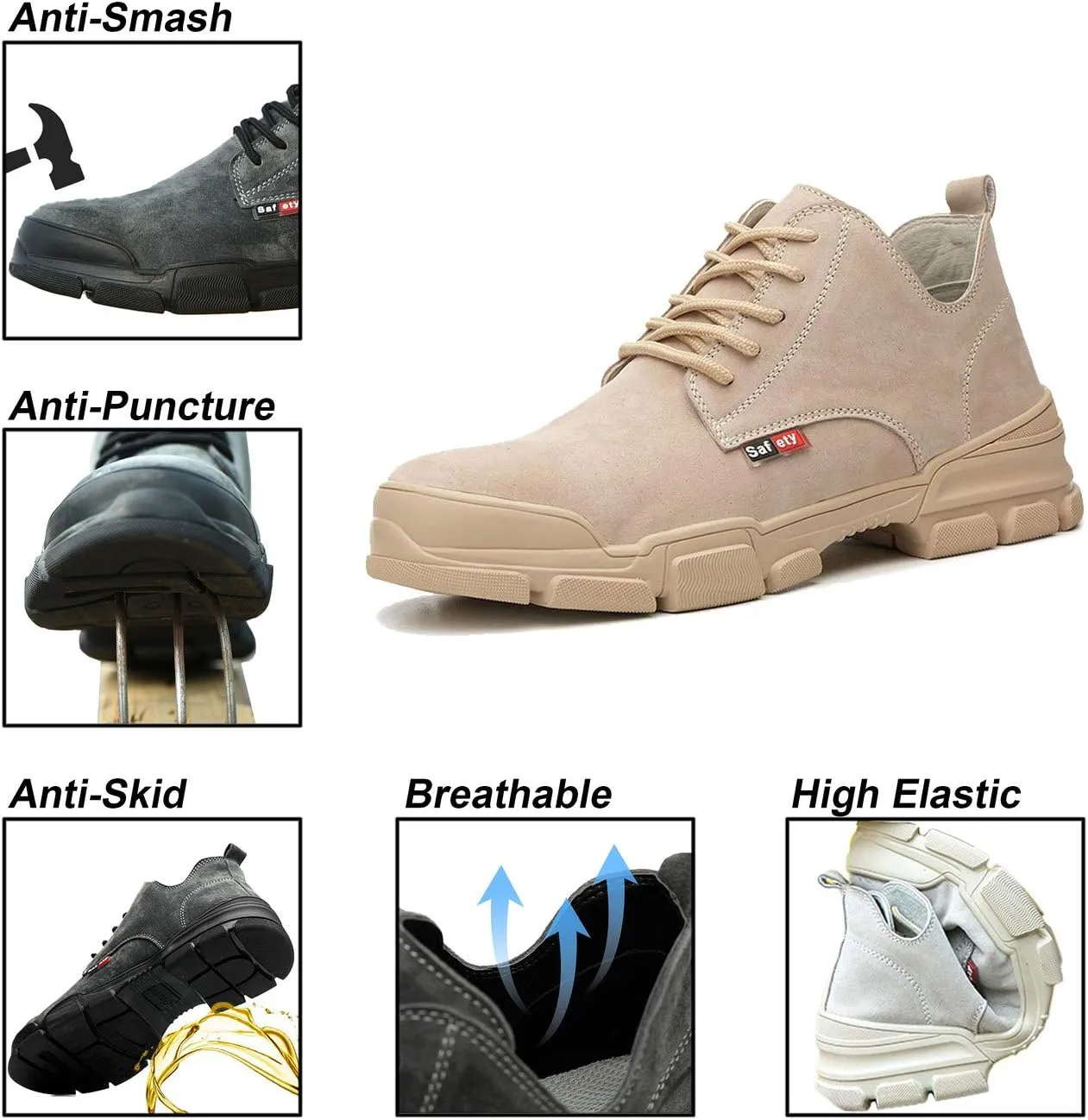 U-lite Steel Toe Safety Work Shoes for Men Women, Pigskin Suede Anti-Smash Indestructible Industrial Construction Boot