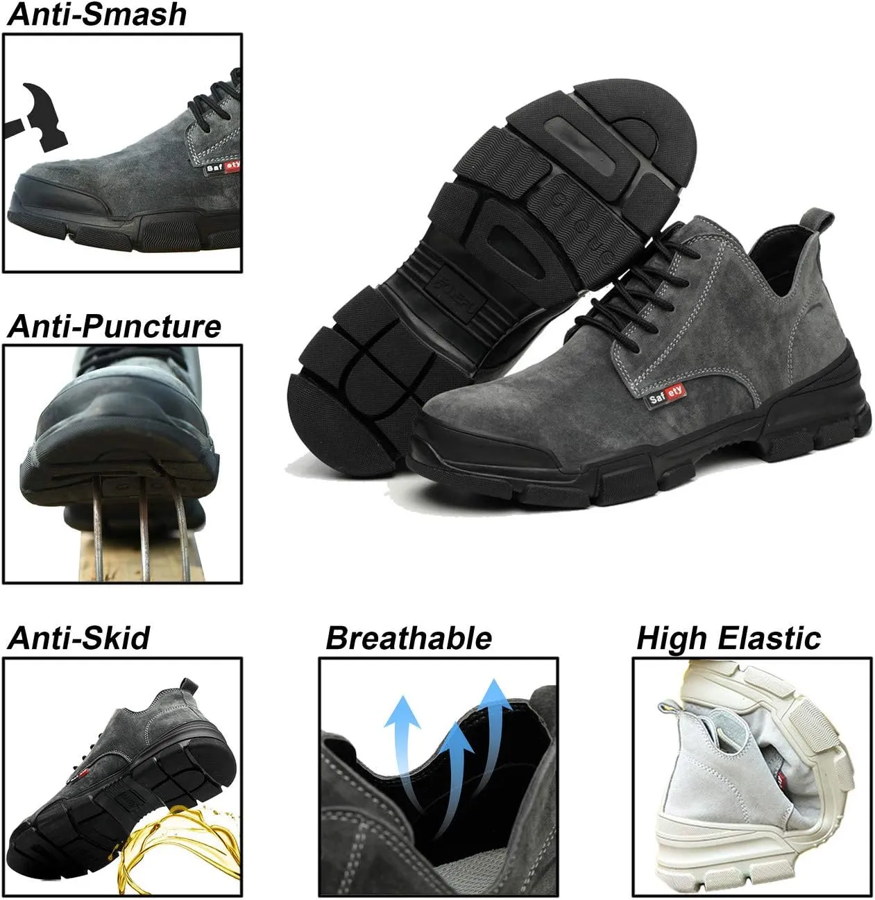 U-lite Steel Toe Safety Work Shoes for Men Women, Pigskin Suede Anti-Smash Indestructible Industrial Construction Boot