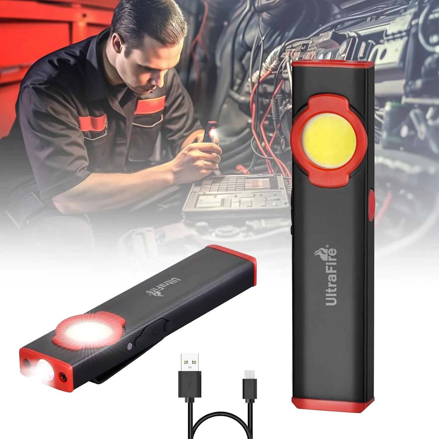 ULTRAFIRE Flat EDC Flashlight,300 Lumens Rechargeable Mini Magnetic Pocket Light,4 Modes Ultra-Light Bright LED Work Light with Clip for Working,Car Repairing,Camping,Emergency