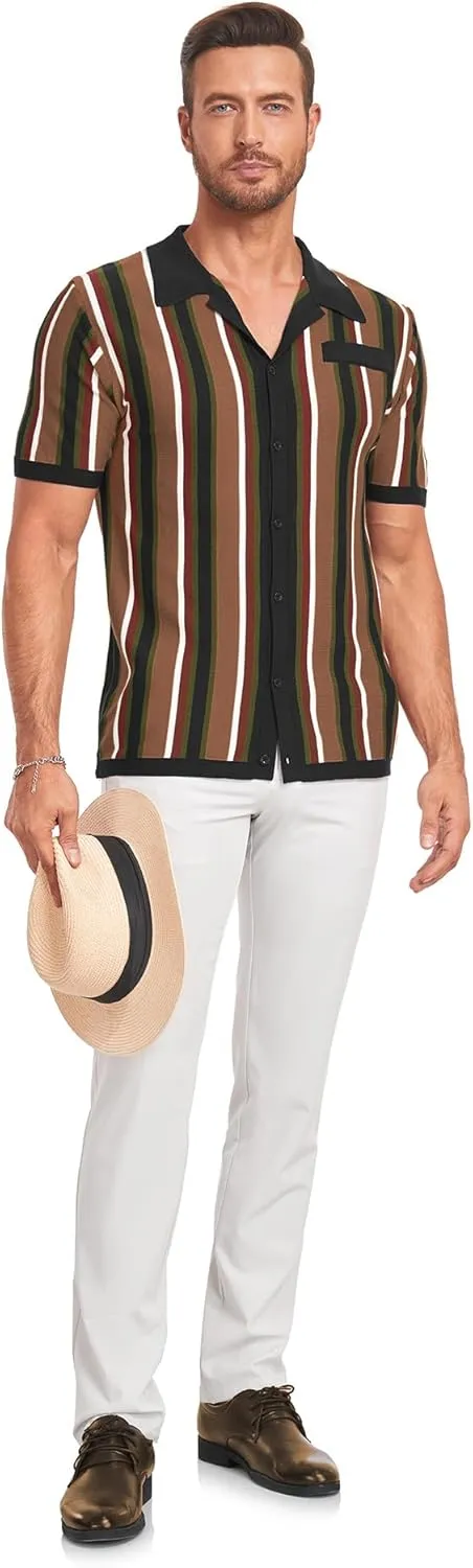V VALANCH Men's Long/Short Sleeve Knitted Shirts Button Down Vintage Vercital Stripe Camp Collar Polo Shirt