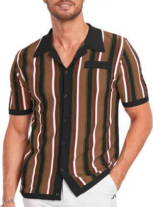 V VALANCH Men's Long/Short Sleeve Knitted Shirts Button Down Vintage Vercital Stripe Camp Collar Polo Shirt