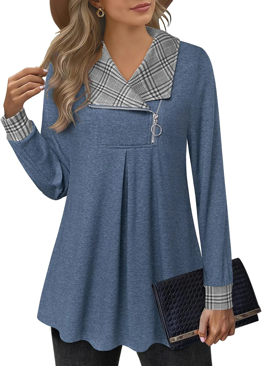 VALOLIA Women's Casual Swing Sweatshirt Long Sleeve Zipper Lapel Fashion Pullover Tunic