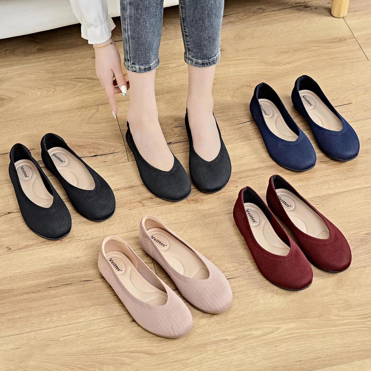 Veittes Women's Wide Width Flats Shoes, Ladies Fashion Comfortable Breathable Office Ballet Flats Shoes.