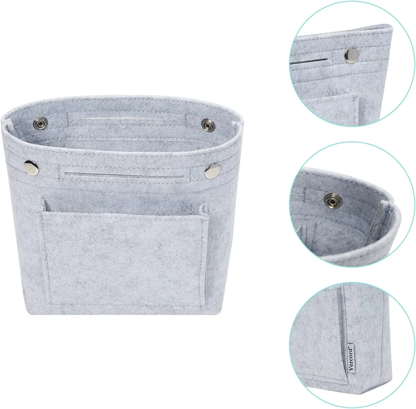 Vercord Mini Slim Small Felt Purse Organizer Insert Inside Handbag Tote Pocketbook for Women Light Grey
