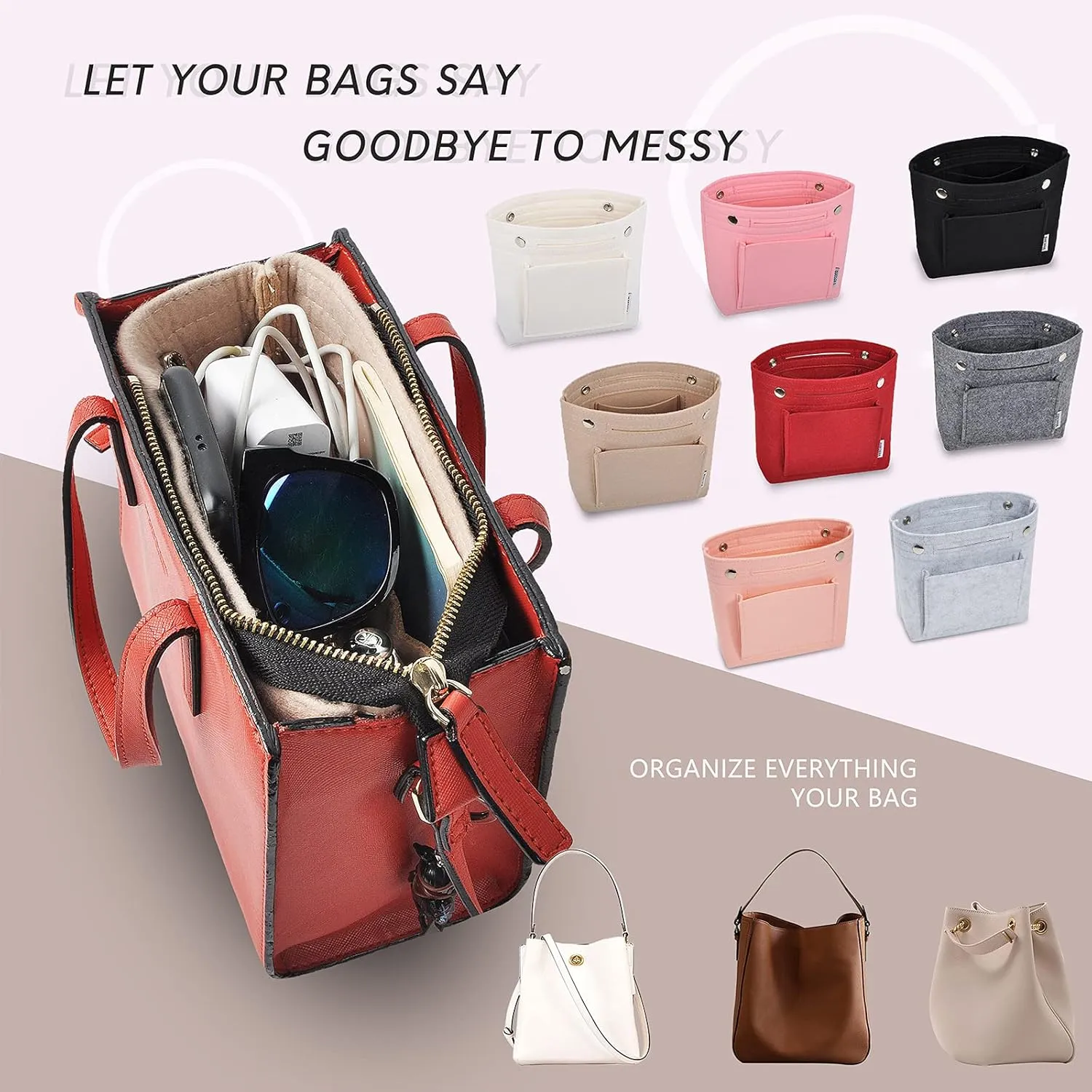 Vercord Mini Slim Small Felt Purse Organizer Insert Inside Handbag Tote Pocketbook for Women Light Grey