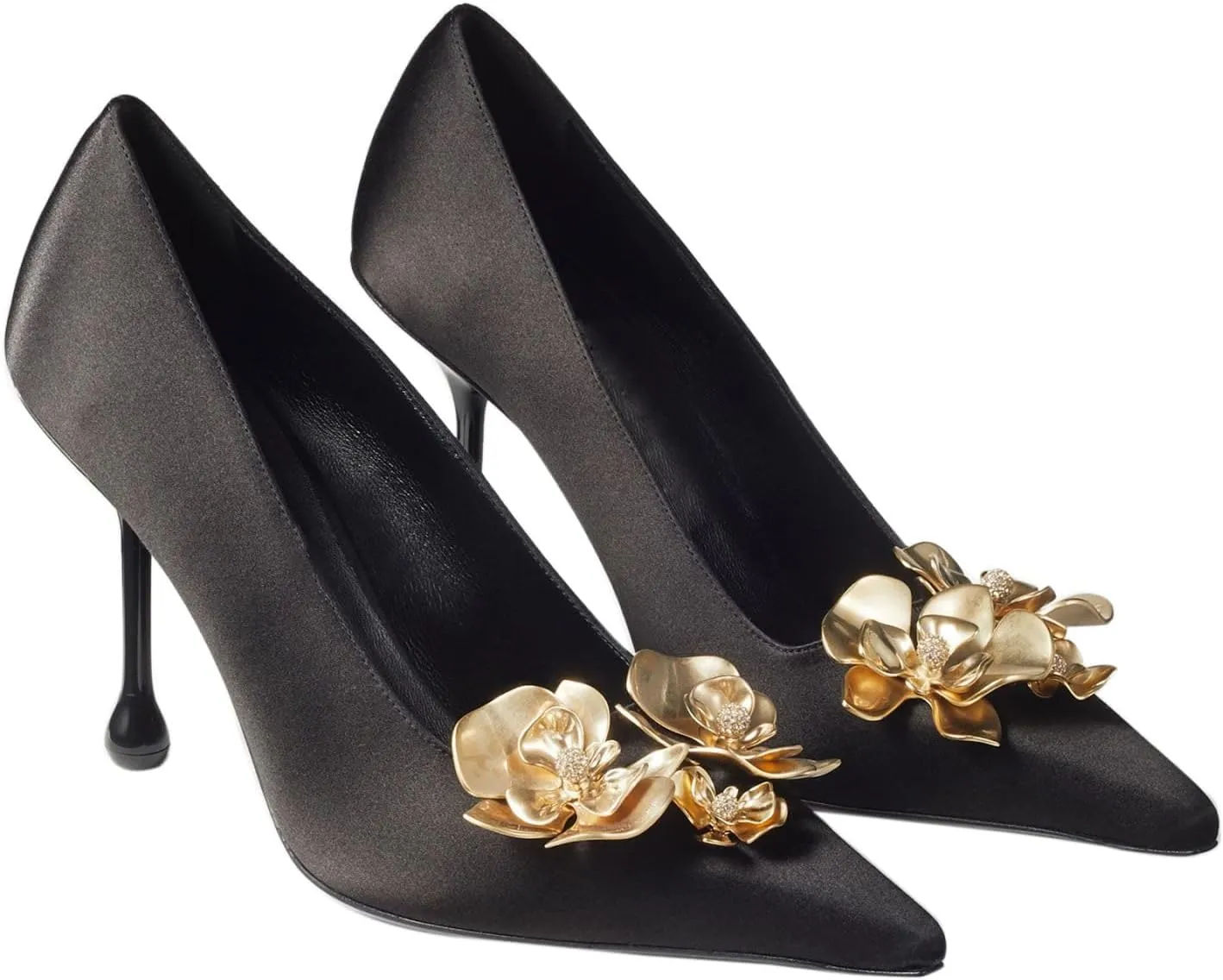 Vertundy Women's Satin Stiletto Pumps with Metal Flowers Classic Pointed Closed Toe High Heels Elegant Dress Shoes