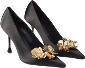 Vertundy Women's Satin Stiletto Pumps with Metal Flowers Classic Pointed Closed Toe High Heels Elegant Dress Shoes
