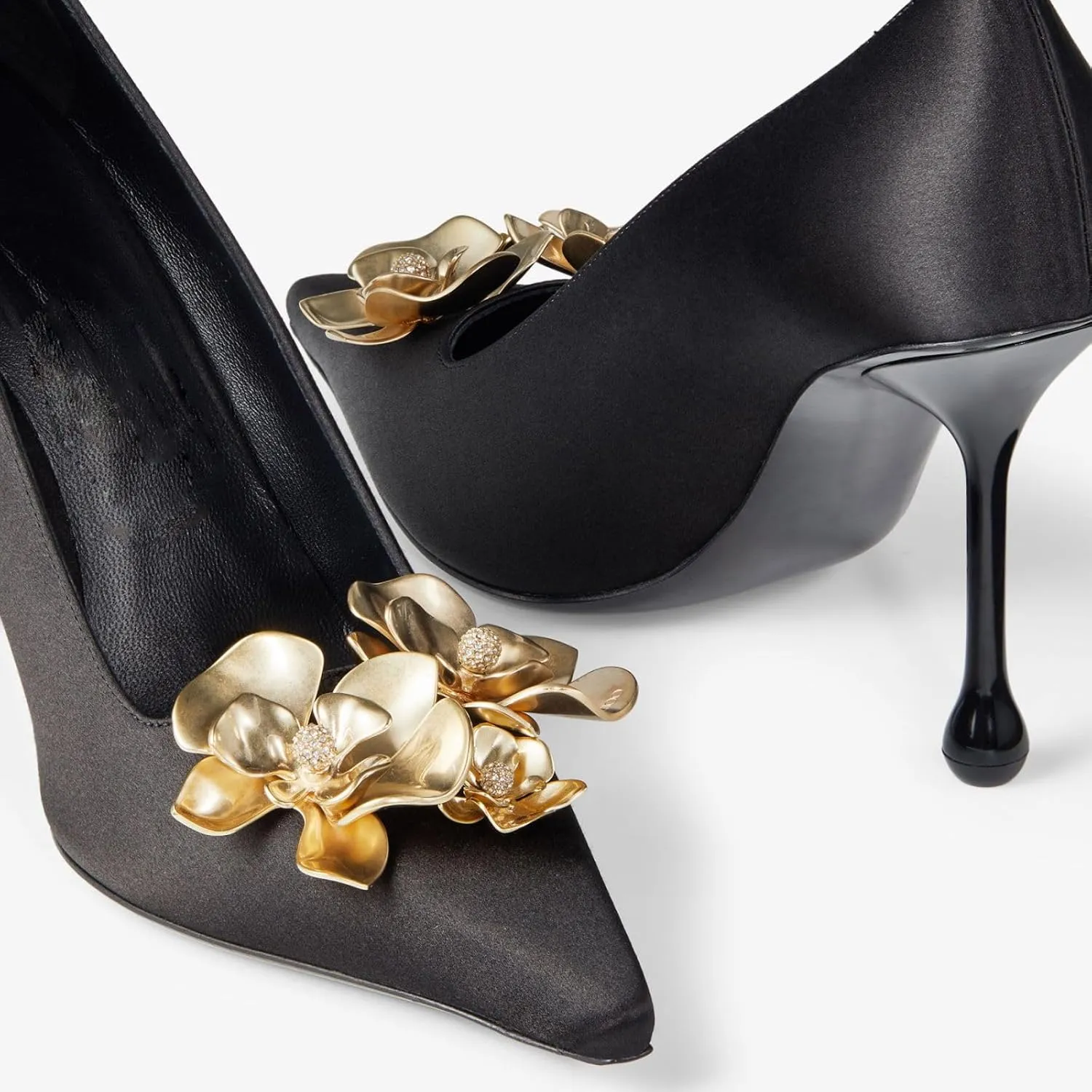 Vertundy Women's Satin Stiletto Pumps with Metal Flowers Classic Pointed Closed Toe High Heels Elegant Dress Shoes
