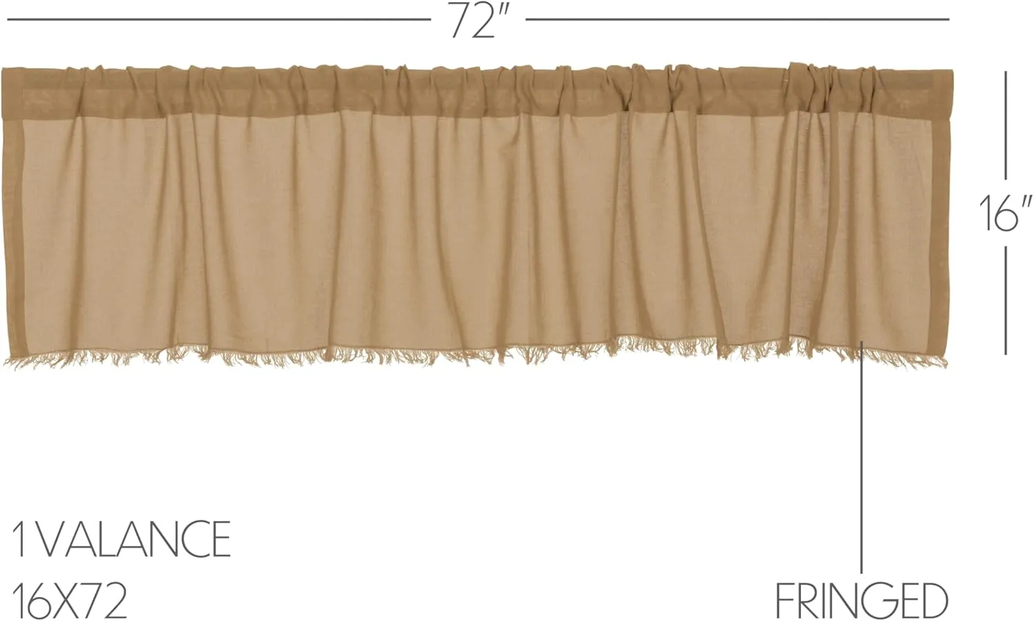 VHC Brands Tobacco Cloth Khaki Fringed Valance Farmhouse Cotton Window Treatment for Your Primitive Country Kitchen or Bathroom 16x72