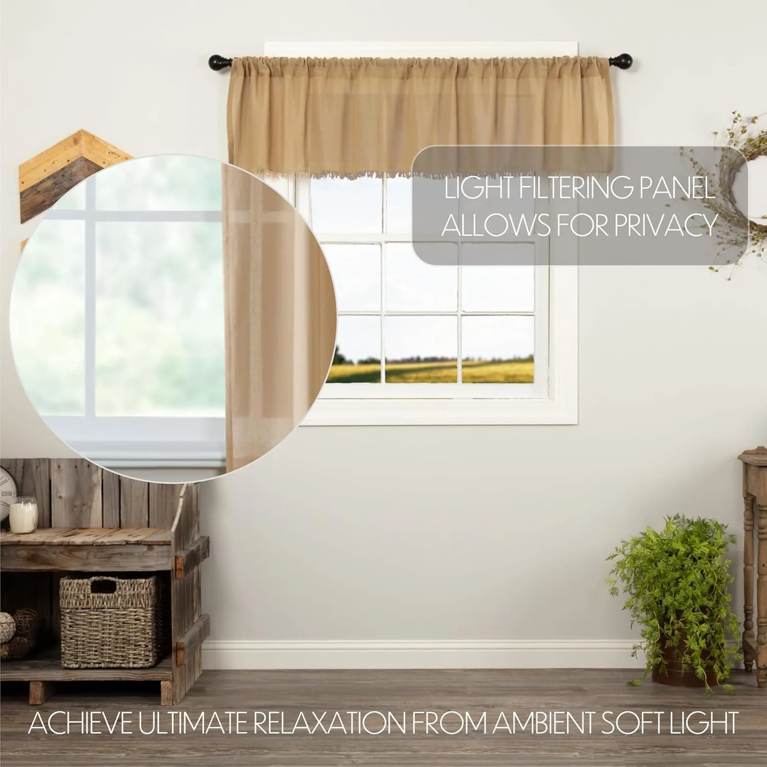 VHC Brands Tobacco Cloth Khaki Fringed Valance Farmhouse Cotton Window Treatment for Your Primitive Country Kitchen or Bathroom 16x72