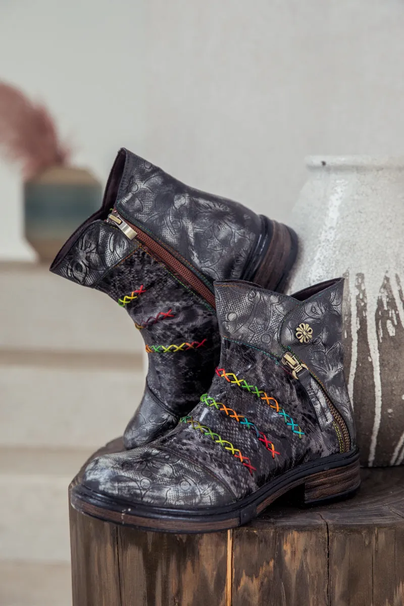 Vicconfy | Genuine Leather Rainbow Stitch Floral Embossed Ankle Boots