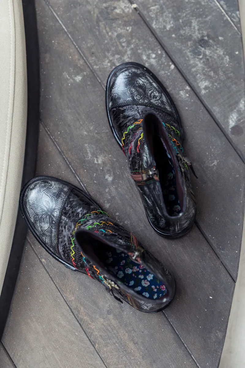 Vicconfy | Genuine Leather Rainbow Stitch Floral Embossed Ankle Boots