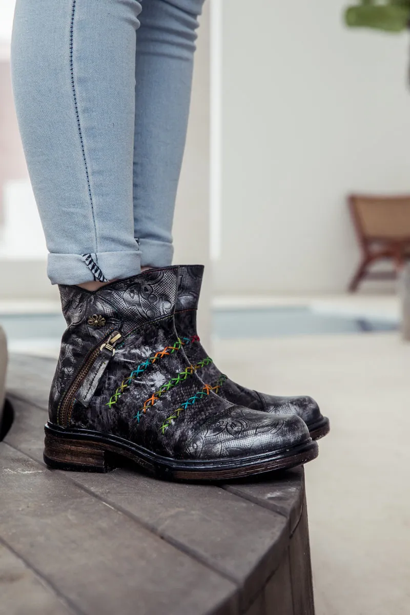 Vicconfy | Genuine Leather Rainbow Stitch Floral Embossed Ankle Boots