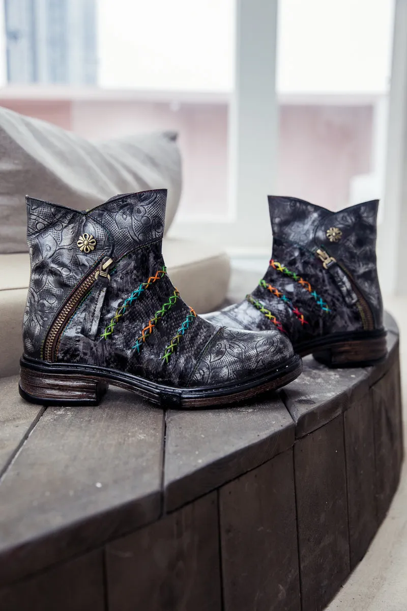 Vicconfy | Genuine Leather Rainbow Stitch Floral Embossed Ankle Boots