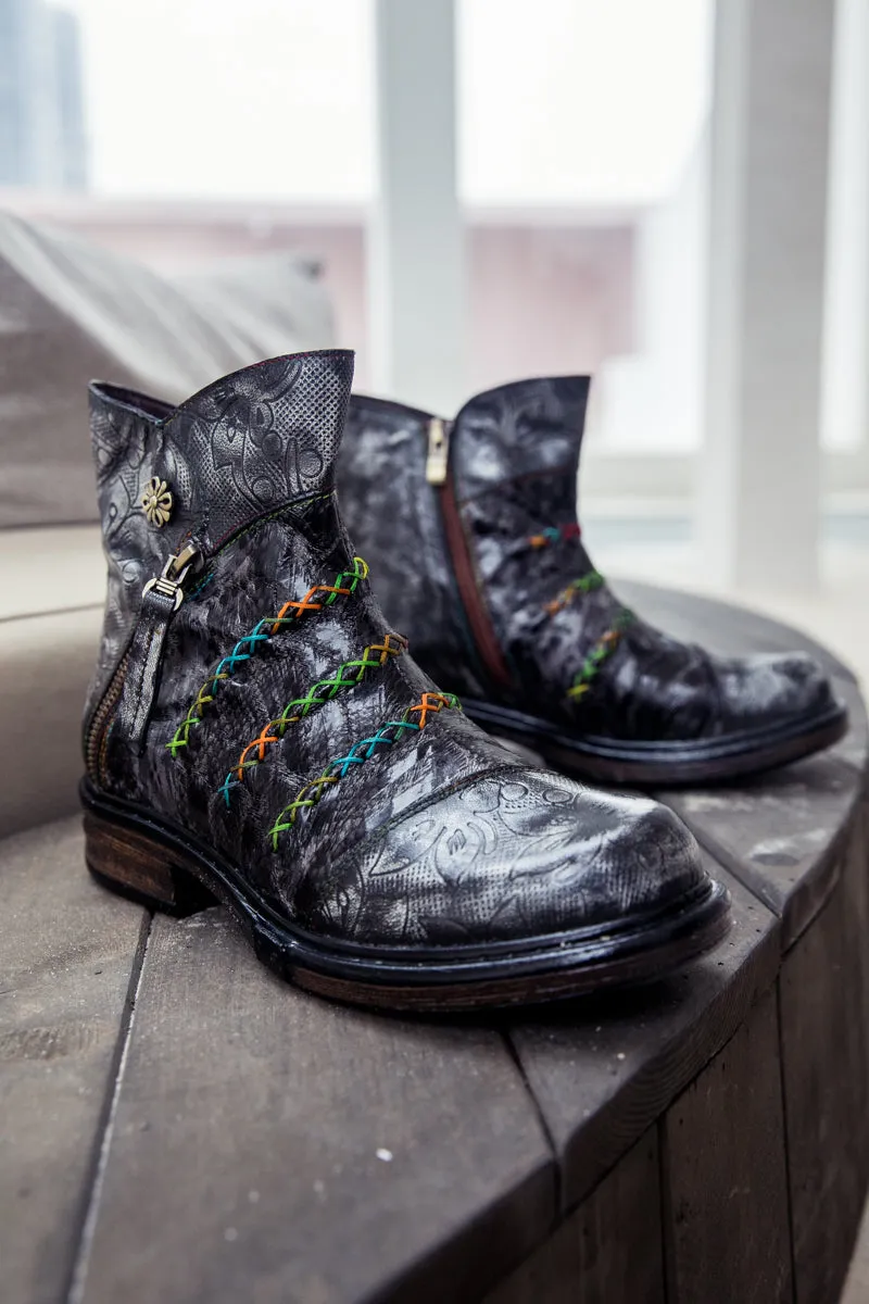 Vicconfy | Genuine Leather Rainbow Stitch Floral Embossed Ankle Boots