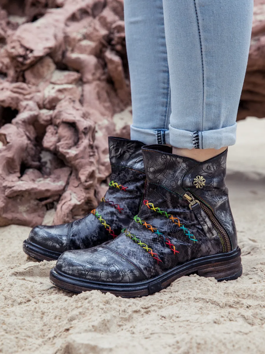 Vicconfy | Genuine Leather Rainbow Stitch Floral Embossed Ankle Boots