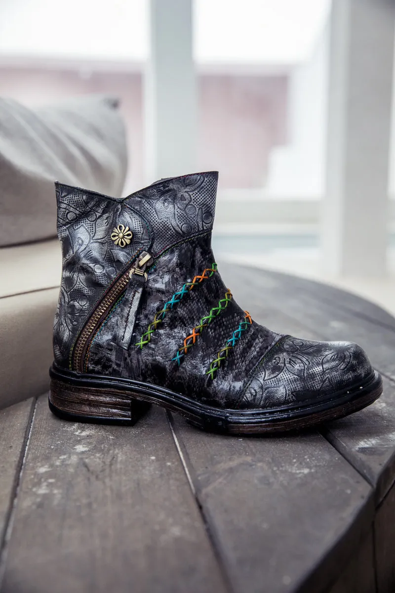 Vicconfy | Genuine Leather Rainbow Stitch Floral Embossed Ankle Boots