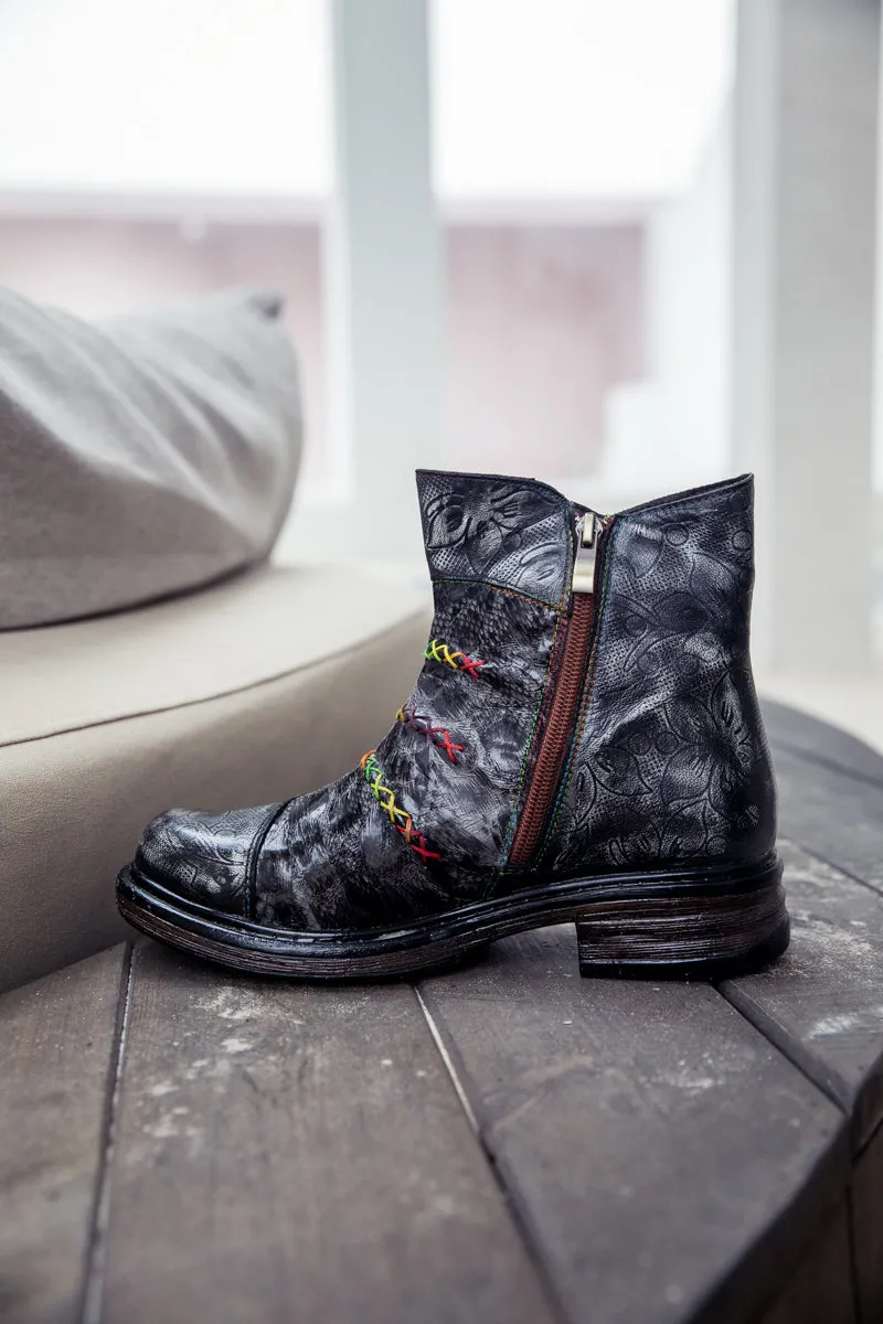 Vicconfy | Genuine Leather Rainbow Stitch Floral Embossed Ankle Boots