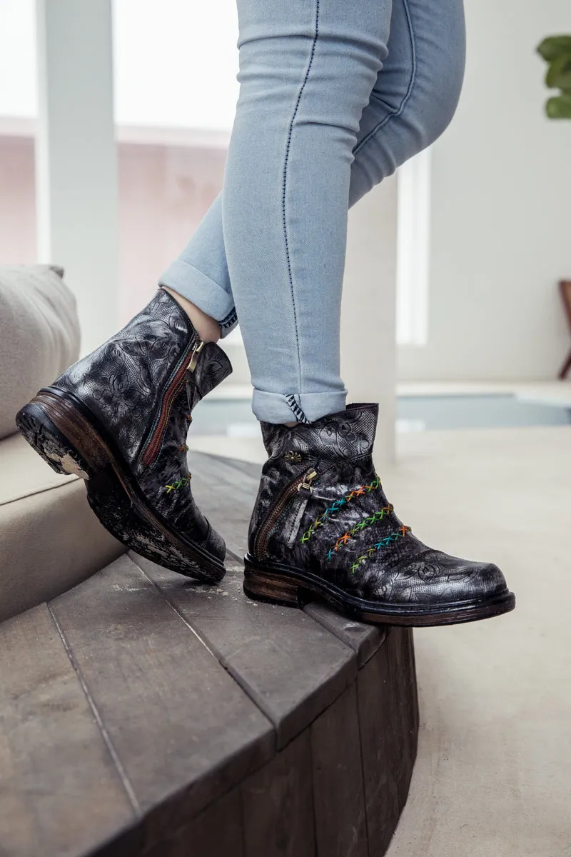 Vicconfy | Genuine Leather Rainbow Stitch Floral Embossed Ankle Boots